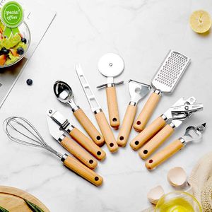 Nieuwe 9 pc roestvrijstalen keukengadget set met houten handgreep keukengereedschap peeler kan opener kloppende knoflookpers