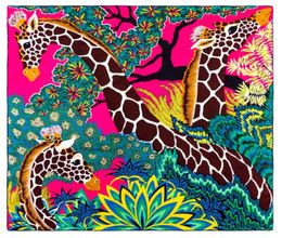 Nouveau 90cm90cm manuel roulé à la main sergé foulard en soie femmes trois girafes impression foulards carrés Foulards Femme Wrap Bandana Hijab9111179