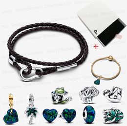 Nouveau 925 Bracelets de créateurs en argent pour les femmes grimpant grenouille charme pandoras collier tressé bracelet en cuir double coeur vert mouton d'oreilles bijoux de luxe avec boîte