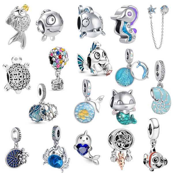 Nuevo dije de plata de ley 925, cuentas sueltas con cuentas, moda de lujo, ajuste Original, pulsera Pandora, concha de pescado, colección de océano azul, colgante DIY, regalo de joyería para mujer