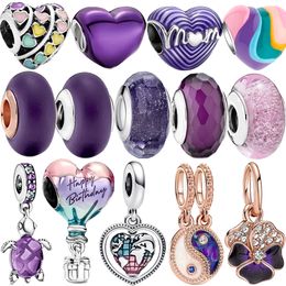 Nuevo encanto de plata de ley 925 Granos púrpuras Encanto de flor de pensamiento para pulseras y collares originales de Pandora Joyas Accesorios de moda Regalos