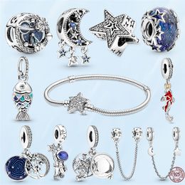 Nouveaux breloques et bracelets en argent sterling 925 ciel étoilé astronaute étoiles lune perles Fit Pandora bracelet bracelet femmes bricolage faisant des bijoux cadeau avec boîte d'origine