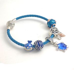 Nouveau 925 breloques en argent sterling bracelets bleus pour femmes designer senior cadeau de mode fleur océan tortue pendentif bricolage fit bracelet Pandora avec boîte