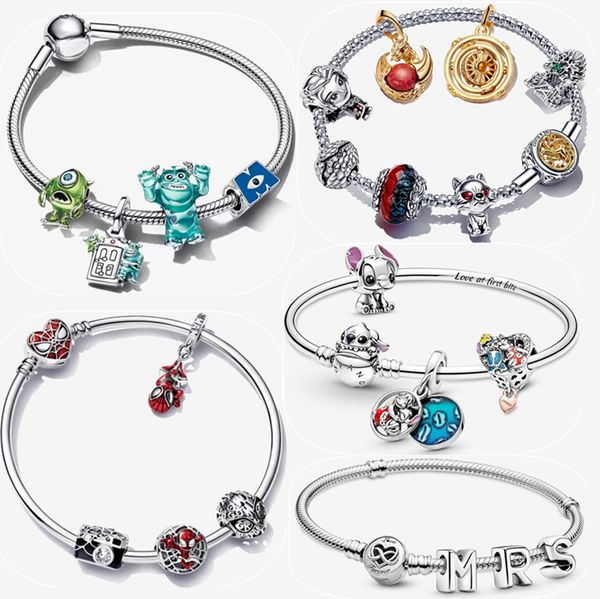 Ensemble de bijoux de créateur en argent sterling 925 pour femmes, cadeau de vacances, bracelet à breloques, pendentif en perles d'araignée, bricolage, jeu Pandora, chaîne en os de serpent en or avec boîte d'origine