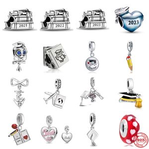 Nuevo 925 Graduación de plata esterlina en 2023 Bachelor Cap Charm Dangle Bead Fit Original Pandora Bracelet Jewelry Gift Fine