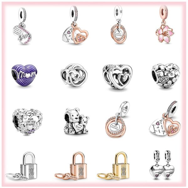 Nouveau 925 argent sterling fête des mères maman coeur serrure pendentif bricolage perles fines ajustement pandora charmes bijoux bracelet cadeau accessoires