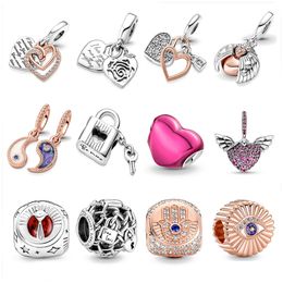 new 925 sterling silver pave heart and angel wings lover pendant charm diy pandora womens glamour jewelry