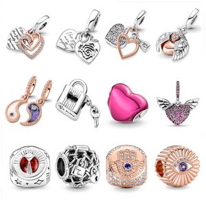 Nouveau 925 argent sterling pavé coeur et ailes d'ange amant pendentif charme bricolage pandora femmes glamour bijoux