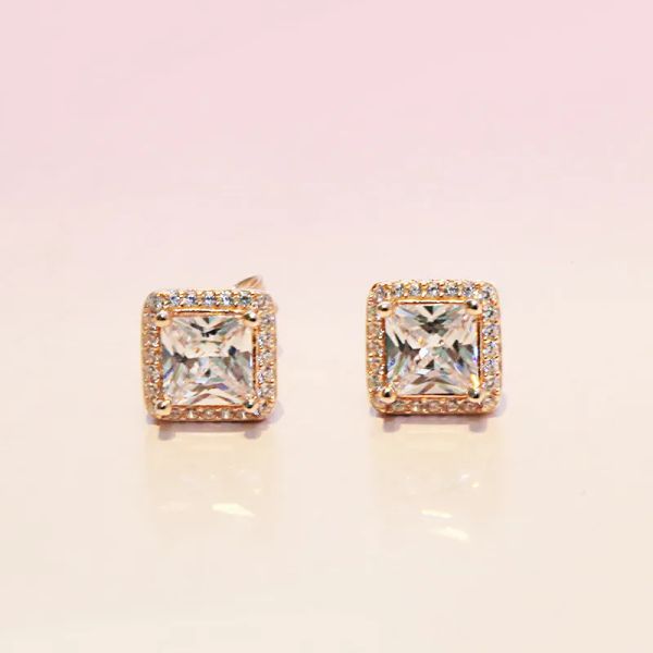 Nouveau 925 Sterling Silver Square Big CZ Diamant Boucle D'oreille Fit doreilles Bijoux Or Rose Plaqué Or Stud Boucles D'oreilles Femmes Boucles D'oreilles