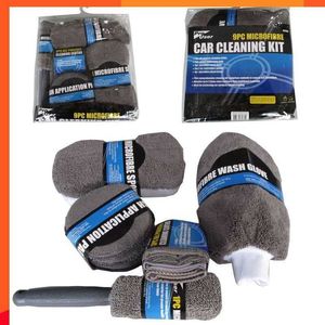 NIEUW 9PCS ZORG COMMERING TRANDELING TRANDSTOF AUTO WASH MITT MICROFIBIBE Handhandschoenen Wielborstelborstel Was Spon Mitt Auto Car Washing