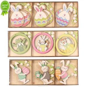 Nieuwe 9 stks/set Pasen Konijn Houten Hangers Opknoping Schilderij Bunny Hout Ambachten DIY Decor Pasen Decoraties voor Thuis Kinderen Gift 2022