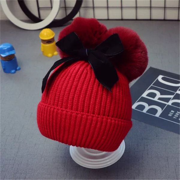 Nouveau 9styles Double Boule De Fourrure Arc Chapeaux Bébé Pom Pom Bonnet Cap Toddler Enfants Bébés Filles Hiver Chaud Crochet Tricoté Chapeau Accessoires Casquettes