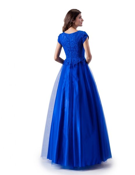 Nouveau A-ligne bleu royal longue robe de bal modeste avec mancherons col en V dentelle haut jupe en tulle longueur de plancher adolescents robe de soirée modeste299n