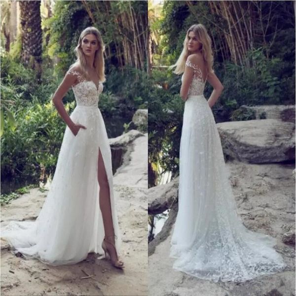 Nouvelles robes de mariée en ligne Illusion au large de l'épaule Sweep Train Backless Garden Beach Bridal Robes Appliques de dentelle Vestidos de Novia 320L