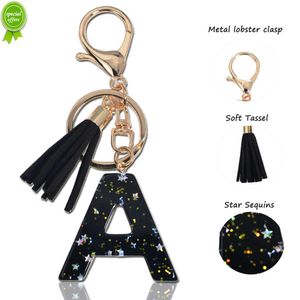 Nieuwe A-Z Black Tassel Letters Keychain Glitter Star Sequins Resin Initialen Beveren voor autosleutel Holder Accessoire Women Handtas Charms