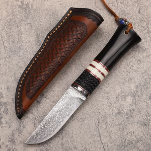 Nouveau A2251 Couteau de chasse droit de survie en plein air VG10 Damas Acier Lame à pointe droite Manche en bois Couteaux à lame fixe avec gaine en cuir