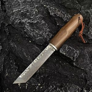 Nouveau A2283 Couteau droit de survie Damas Acier Tanto Point Lame Ébène avec tête en acier Poignée Couteaux à lame fixe extérieure avec gaine en bois