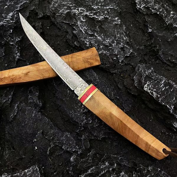 Nouveau A2286 Couteau droit VG10 Damas Acier Sharp Point Blade Shadow Manche en bois Couteaux tactiques à lame fixe extérieure avec gaine en bois