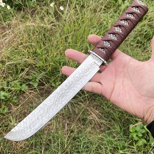 Nouveau A2577 survie de haute qualité Couteau droit Damas Damas en acier droit de lame droite avec poignée de corde couteaux à lame fixe avec gaine en bois