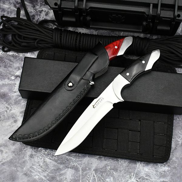 Nouveau A5029 couteau de chasse droit de haute qualité 440C lame satinée bois pleine soie avec poignée en acier Camping en plein air randonnée couteaux de survie avec gaine en cuir