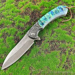 Nouveau A6706 Haute Qualité Flipper Couteau Pliant Damas Lame En Acier Abalone Shell Poignée Roulement À Billes Camping En Plein Air Randonnée EDC Dossier Couteaux