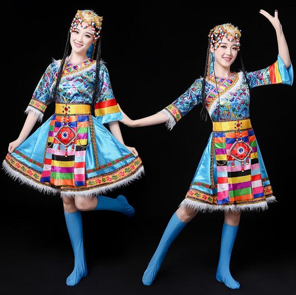 Nueva mujer adulta danza mongol corta minoría étnica puesta en escena sombreros mongoles + bata vestido de buena calidad personalizado único