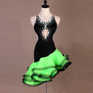 NIEUWE Volwassen Meisje Latin Dans Jurk Dames Salsa Tango Chacha Ballroom Competitie Dans Jurk Zwart Groen Sexy Halter Parel Rhinesto286K