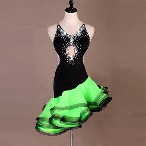 NOUVEAU Adulte Fille Robe De Danse Latine Dames Salsa Tango Chacha Concours De Danse Robe Noir Vert Sexy Halter Perle Rhinesto271H