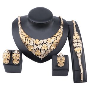 Nieuwe Afrikaanse Bruids Dubai Bloem Ketting Oorbellen Ring Armband Nigeriaanse Vrouwen Bruiloft Goud Kleur Sieraden Sets