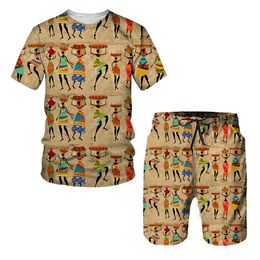 Nieuwe Afrikaanse etnische stijl 3D-print T-shirts Shorts Sets heren mode oversized short mouw t shirt broek set man pakken kleding 002