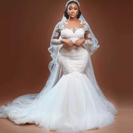 Novo vestido de casamento sereia africano 2024 o-pescoço mangas compridas rendas apliques tule mulheres noiva vestidos formais personalizado vestido de noiva robe de mariage