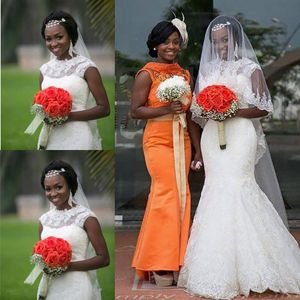 Nuevos vestidos de novia de sirena africana cuello joya de encaje completo