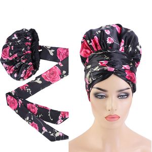 Bonnet en Satin imprimé africain avec Long ruban, couvre-chef Double couche, motif Ankara, couverture de cheveux pour femmes, grande taille, nouvelle collection