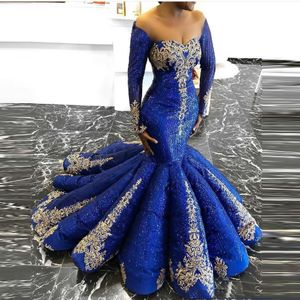 Nieuwe Afrikaanse koninklijke blauwe lovertjes Mermaid Avondjurken met Gouden Applicaties Kant Lange Mouwen Formele Evenementenjurken Sparkly Prom Party Dress