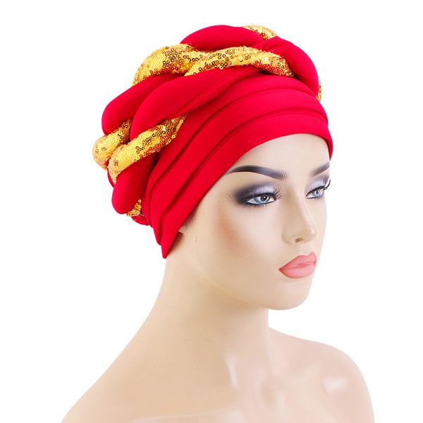 Nouveau Africain Paillettes Tresse Turban Auto Geles Aso Okefor Headtie Femmes Plissé Beanie Headwrap Designer Bonnets Accessoires De Cheveux