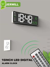 Nieuwe Aierwill N6 digitale wandklok 16 inch grote wekker Remote Control datum Temperatuurklok Dubbele alarmen LED -display Klok