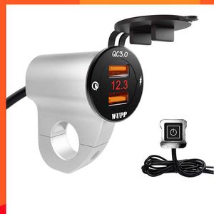 Nieuwe aluminium legering waterdichte motorfietsen stuurbekleding SAE tot USB waterdichte 12V QC3.0 dubbele USB -lader voltmeter schakelaar