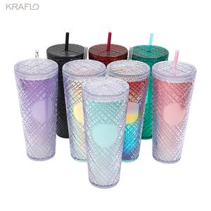 Nuevas tazas con tachuelas de Amazon Pequeña cantidad mínima de pedido DIY Disponible 24 oz Venti Diamond Café de doble pared Plástico mate Vaso a granel Rejilla Taza de piña