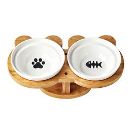 Amboo Wood Ceramics Cat Bowl Pet Supplies Dubbele S Voedingswaterbescherming Spine Hoge voet schuine voeder Y200917