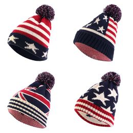 Nieuw Amerika gebreide hoed winter unisex beanie hoed uk vlaggen afdrukken pom pom bewaar warme pet winter koude motorkap hoed street hiphop caps