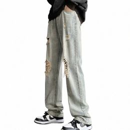 Nouveau jean Denim américain haute rue vieux trou de mer ruiné à la mode jambe large Hip Hop droit ample grande taille pantalon X547 #