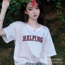 Nieuwe Amerikaanse stijl China-chic puur katoen met korte mouwen Dames zomerproduct Losse opdruk Half mouw Dun T-shirt Veelzijdig Wit Topmode