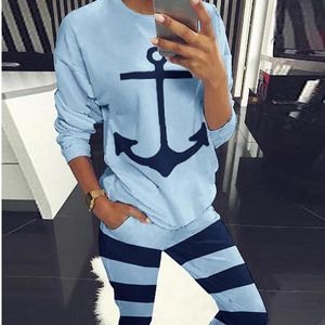 New Anchor Print Femmes Running Set Automne À Manches Longues À Capuche + Pantalon À Rayures Survêtement Vêtements D'entraînement Sportswear Costume De Sport BLEU Y0625