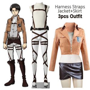 Nieuwe Anime Attack op Titan Cosplay Shingki No Kyojin Jacket Recon Corps lederen rok Hookshot Riemen bretels Ackerman Costume Y0903