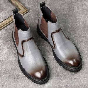 Nouveau Cheville en cuir véritable sans lacet noir gris classique hommes chaussures d'hiver italien élégant robe bottes
