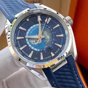 Nieuwe Aqua Terra 150m 220.12.43.22.03.001 Universele Kaart Blue Dial Autoamtic Mens Watch Steel Case Blue Rubberen Band Limited Edition Watch_Zone