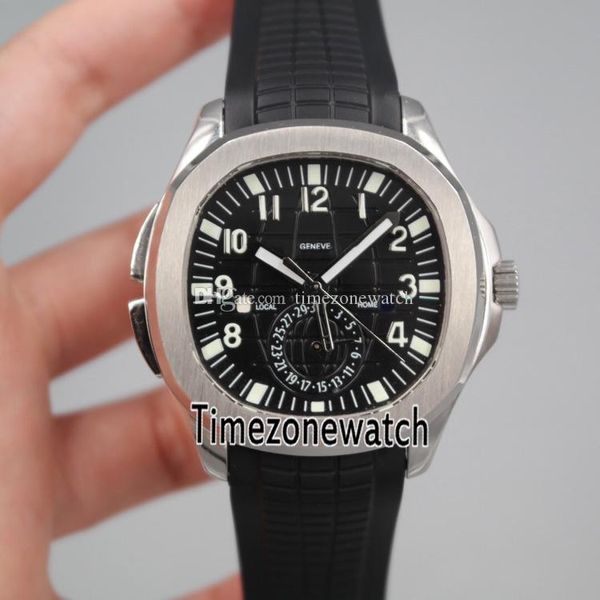 Aquanaut 5164A-001 Travel Time GMT Montre automatique pour homme Boîtier en acier Cadran texturé noir Bracelet en caoutchouc noir Montres de sport pour homme Timezonewatch E19C (1)