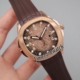 Nieuwe Aquanaut 5164R-001 Rose Gold Brown Textuur Dial Time GMT Automatic Mens Watch Bruin Rubber Horloges Goedkope Timezonewatch E19B2