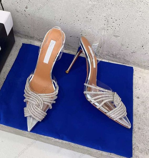 Nuevo Aquazzura 2023 Zapatos de vestir de novia 7 cm 10 cm Begum bowknot mariposa PVC bombas tacones altos sandalias con brillo de diamantes diamantes de imitación transparente123