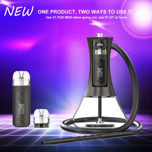 Nieuw Arabisch glas Shisha dual-use e sigaretten Hookah vervangbare pod vapes ehuka x1 60W kit elektronische ehookah vape 2000mAh batterij LED lichtmodus vaper grote damppen